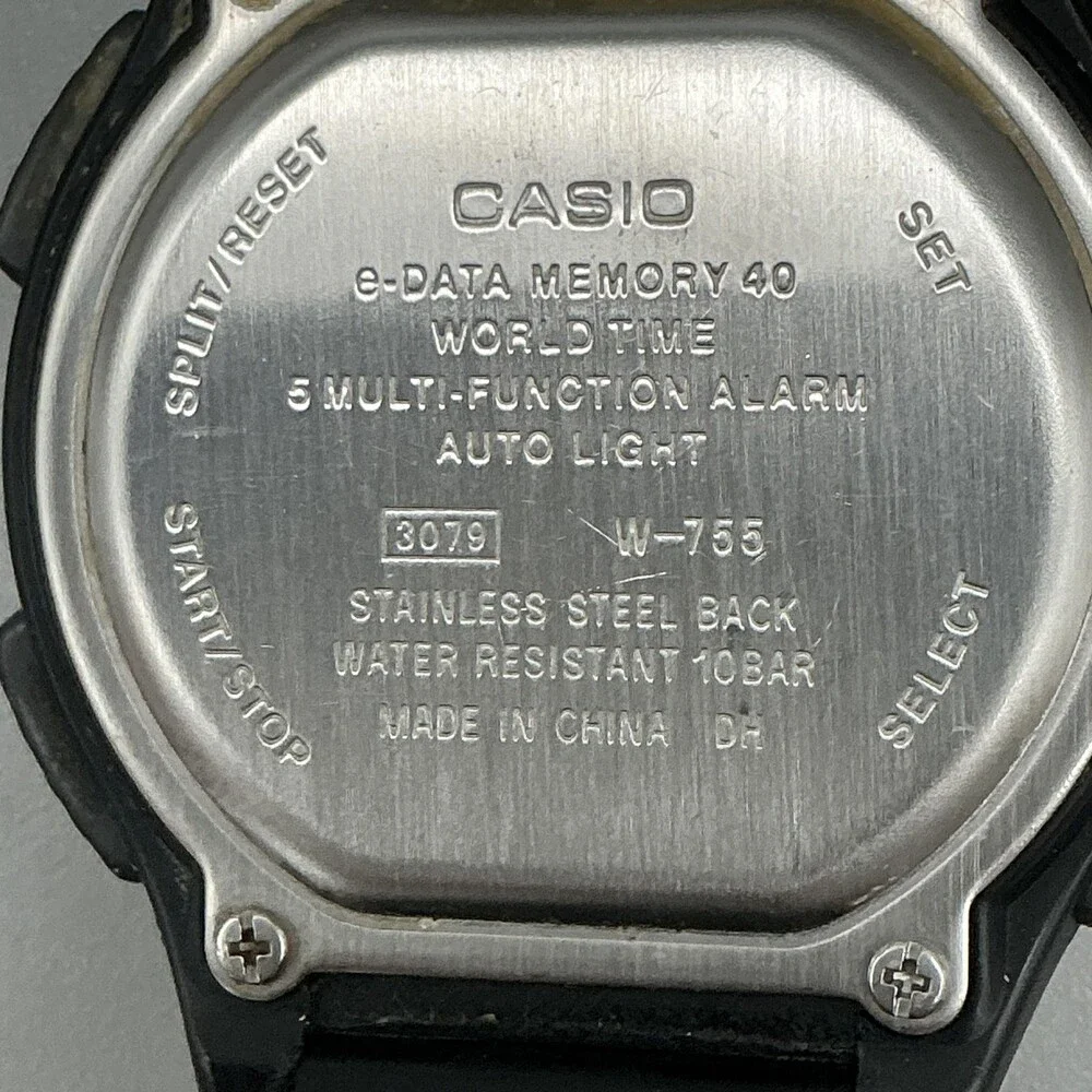 Casio W-755 Mens Watch 42mm Digital Black Resin World Time Illuminator 100M WR